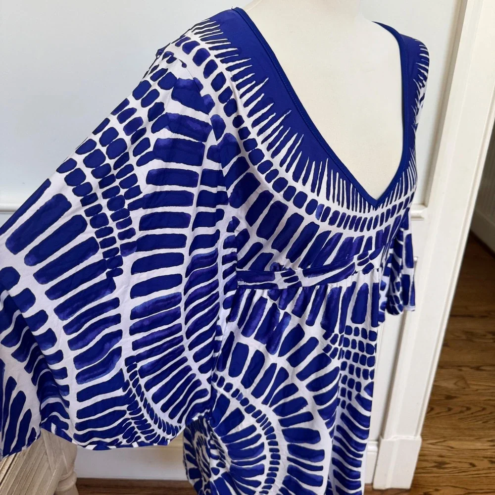Trina Turk Blue White Geometric Tunic Mini Dress Kimono Sleeve Dashiki Print L - Picture 2 of 6